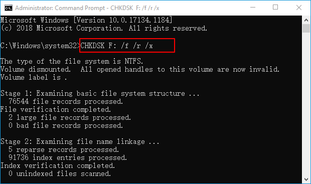 eseguire chkdsk per correggere i file da 0 byte