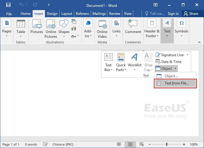 Einfügen der beschädigten Datei in ein neues Dokument, um eine beschädigte Word-Datei zu reparieren