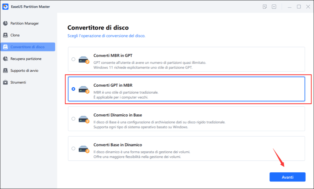 converti GPT in MBR