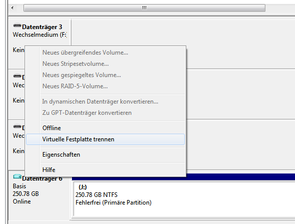 virtuelle festplatte trennen
