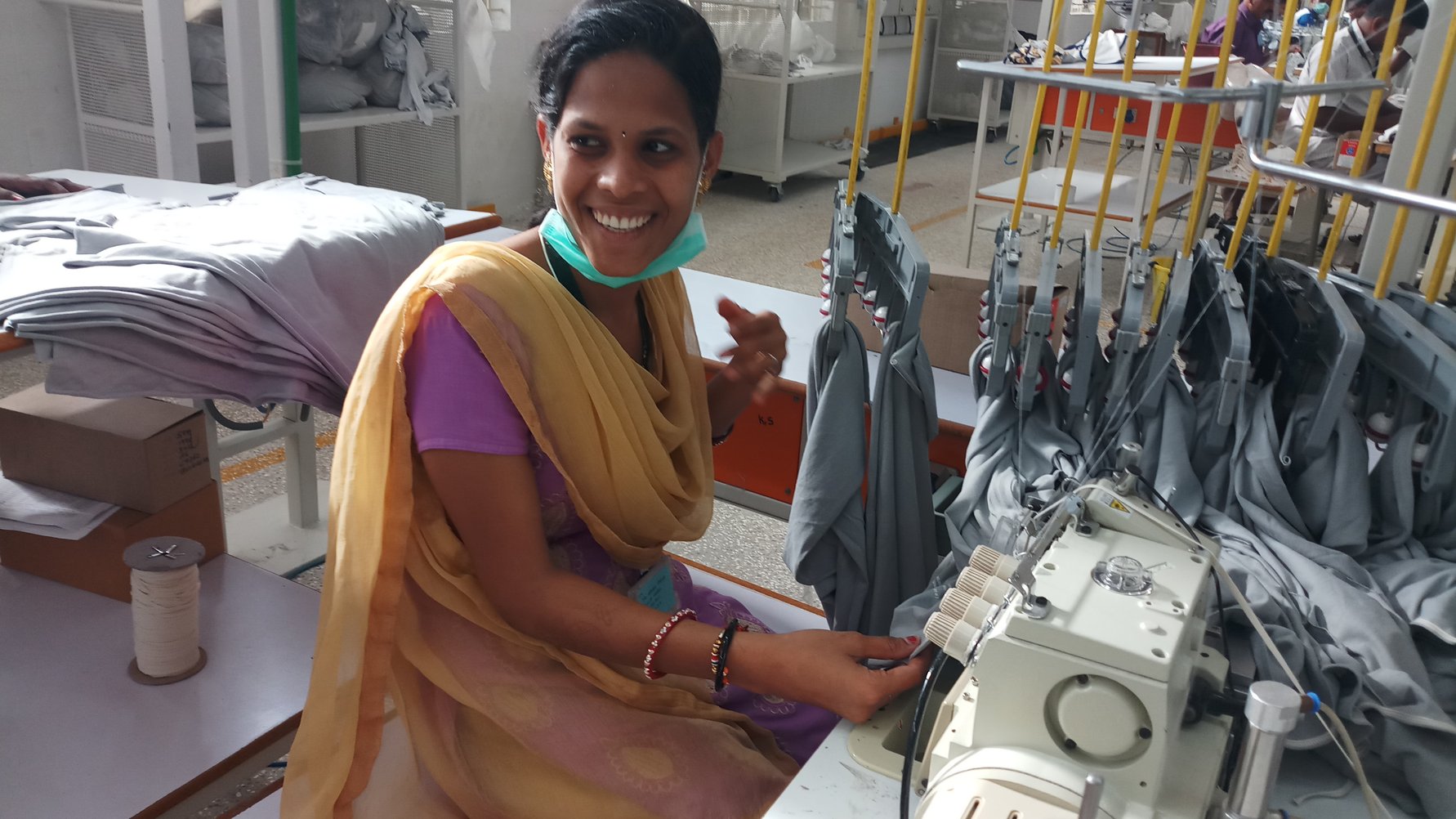 yoga girl moon grey happy woman sewing