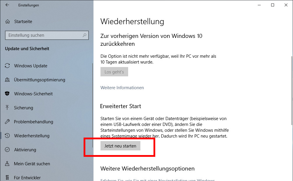 Windows Wiederherstellung - Neu starten