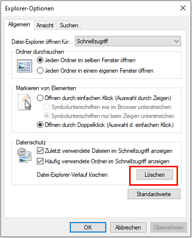 Den Verlauf löschen und den Windows-Explorer neu starten - Schritt 2