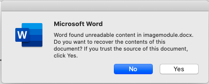 messaggio di errore di word
