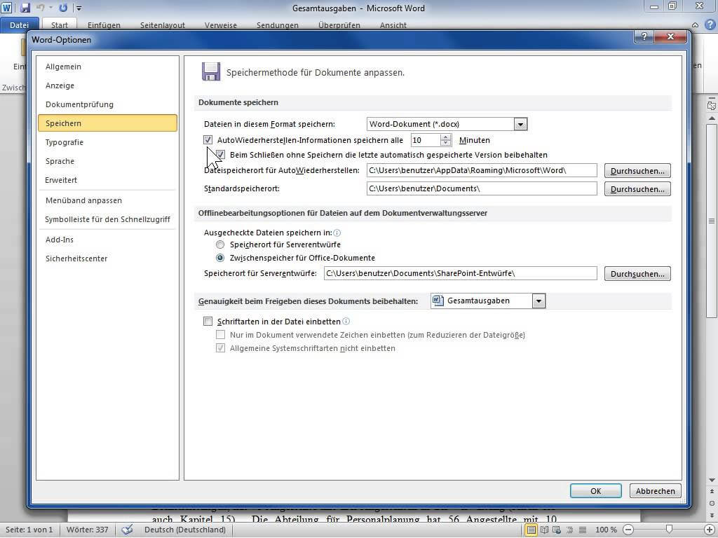 aktivieren Sie die Option von AutoWiederherstellen in Word