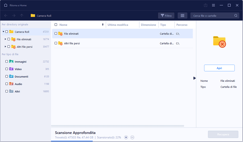 EaseUS Data Recovery Wizard esegue la scansione del disco per trovare la cartella