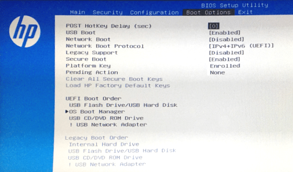 Modificare ordine di boot in HP boot menu