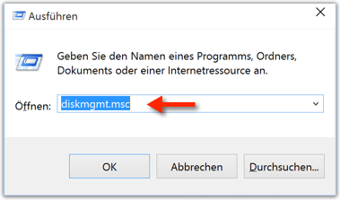 Öffnen Sie die Datenträgerverwaltung über 'Ausführen