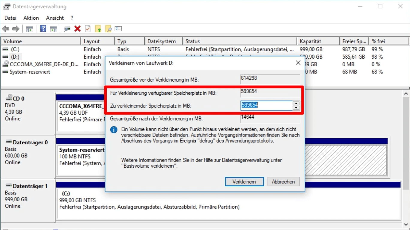 SSD partitionieren - Partition verkleinern
