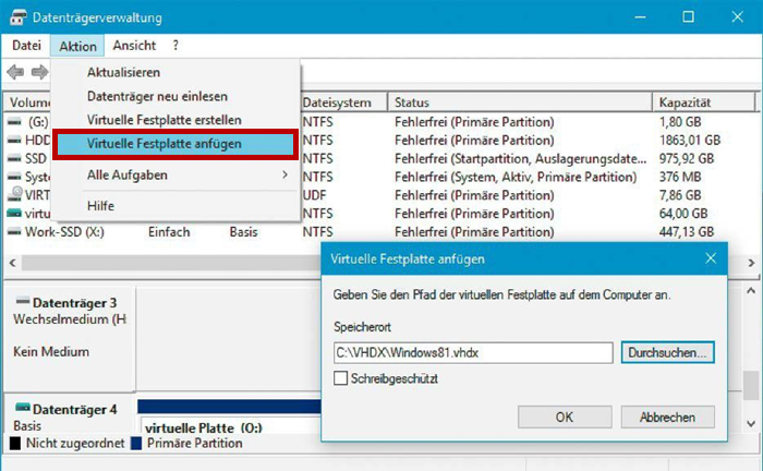 Virtuelle Festplatte anfügen