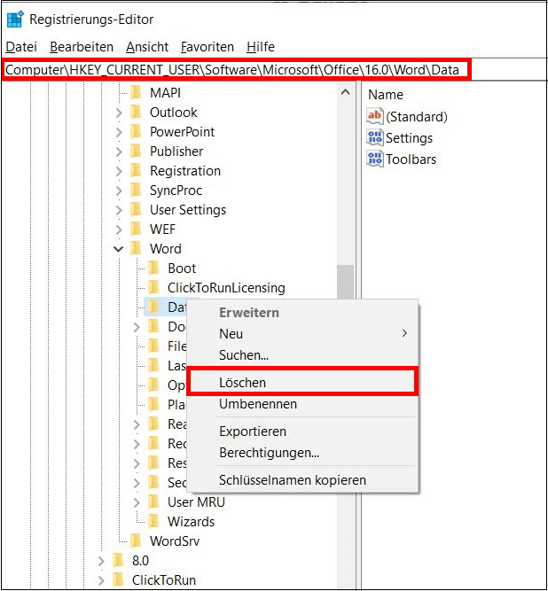 Den Eintrag für Word im Registrierungs-Editor entfernen