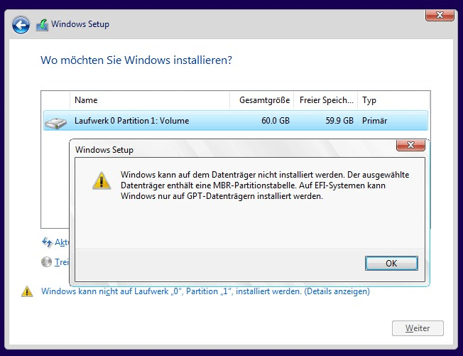 Windows kann auf diesem Datenträger nicht installiert werden mbr