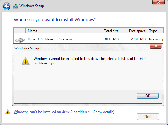 Impossibile installare Windows su GPT