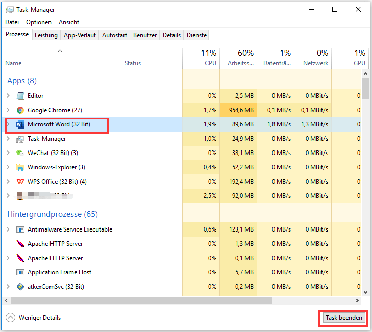 Word in Task-Manager beenden