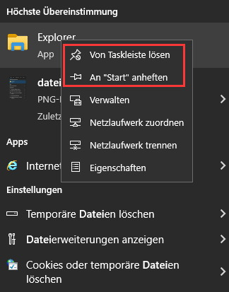 Datei-Explorer an Start anheften