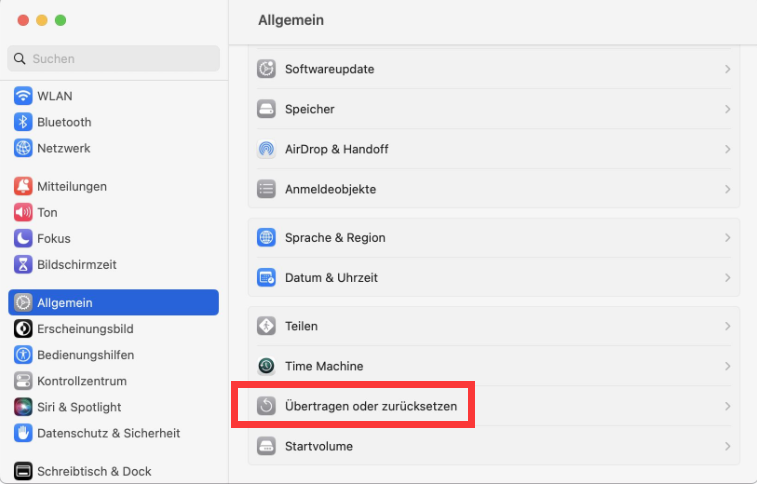 Übertragen oder Zurücksetzen