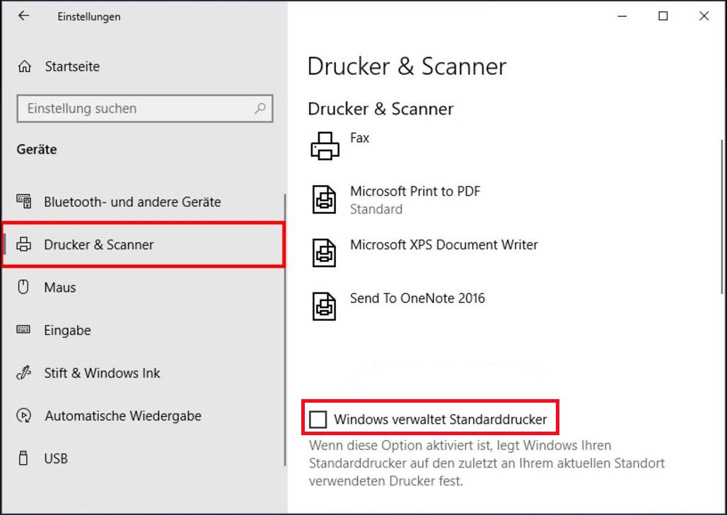 Windows verwaltet Standarddrucker
