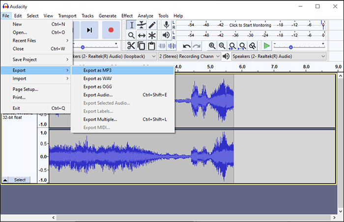 esporta la registrazione audio del computer