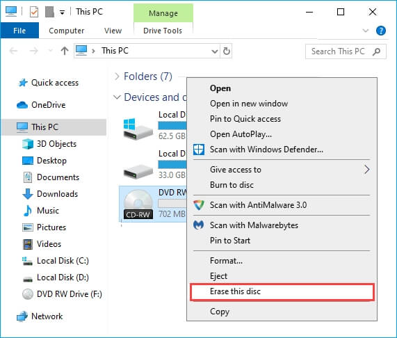 CD oder DVD in Windows 10 löschen