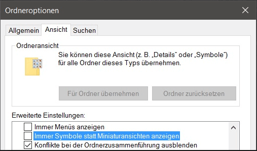 Immer Symbole statt Miniaturansichten anzeigen auf Windoiws 10 aktivieren