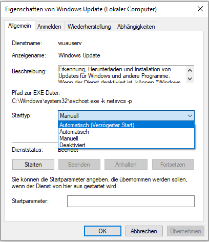 Windows Update Service als Automatisch einstellen