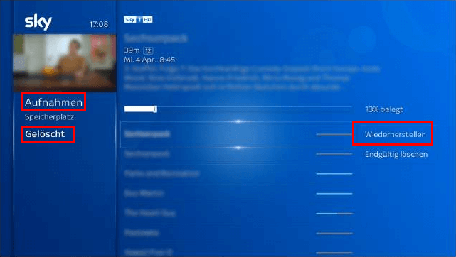 Gelöschte Aufnahmen von Sky Plus Box Papierkorb wiederherstellen