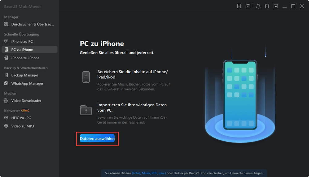 PC zu iPhone in MobiMover auswählen