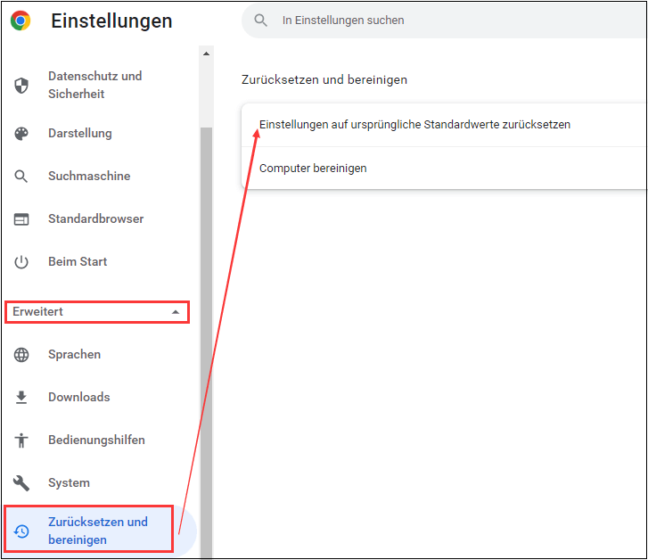 Chrome Einstellungen auf ursprüngliche Standardwerte zurücksetzen