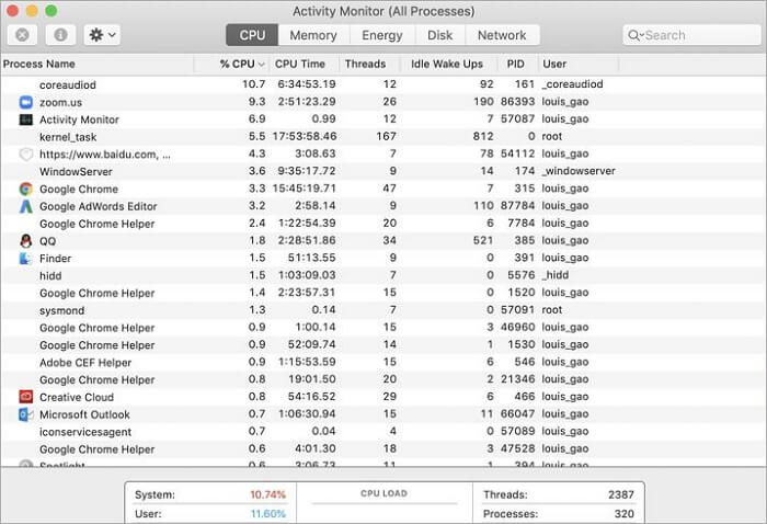 terminare processo che rallenta il tuo mac nel monitor delle attività di sistema