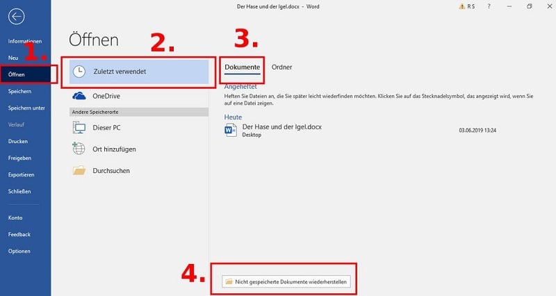 Nicht gespeicherte Dokumente wiederherstellen Word