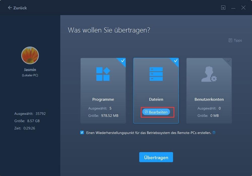 Dateien-Übertragung auswählen