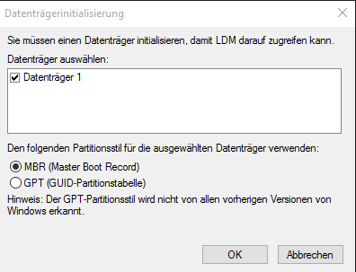 SSD partitionieren - Den Partitionsstil auswählen