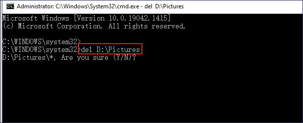 usa del in cmd per forzare l'eliminazione dei file
