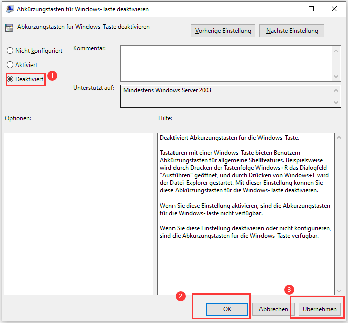Abkürzungstasten für Windows-Taste deaktivieren - Schritt 2