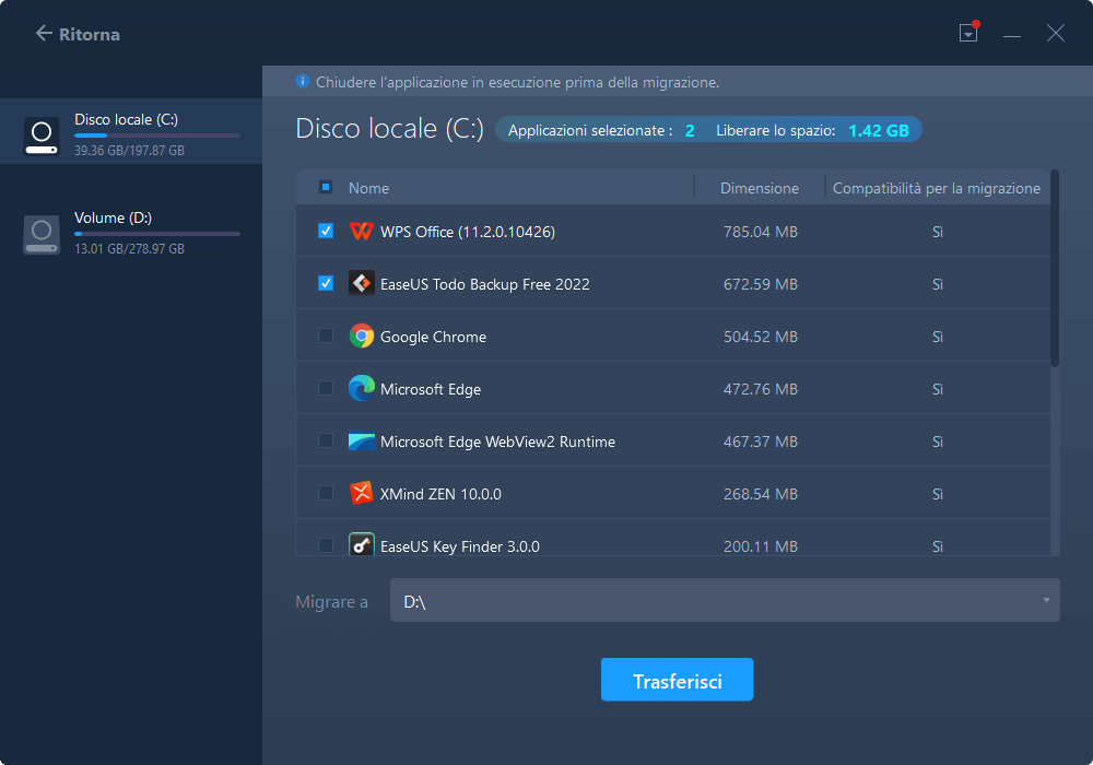 selezionare i software da trasferire