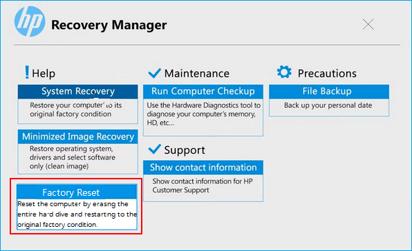 Impostare Factory Reset in HP startup menu