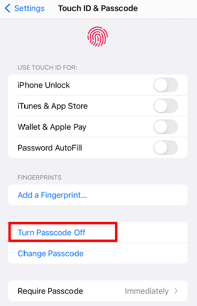 Passcode in den Einstellungen deaktivieren
