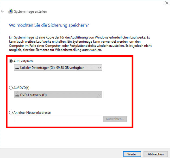 Erstellen Sie ein Systemabbild auf einem externen USB-Laufwerk.