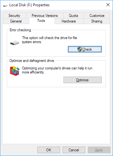 controlla gli errori del disco nello strumento di unità di Windows 10 in Proprietà