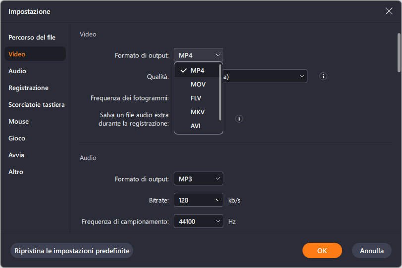 imposta il formato del file registrato