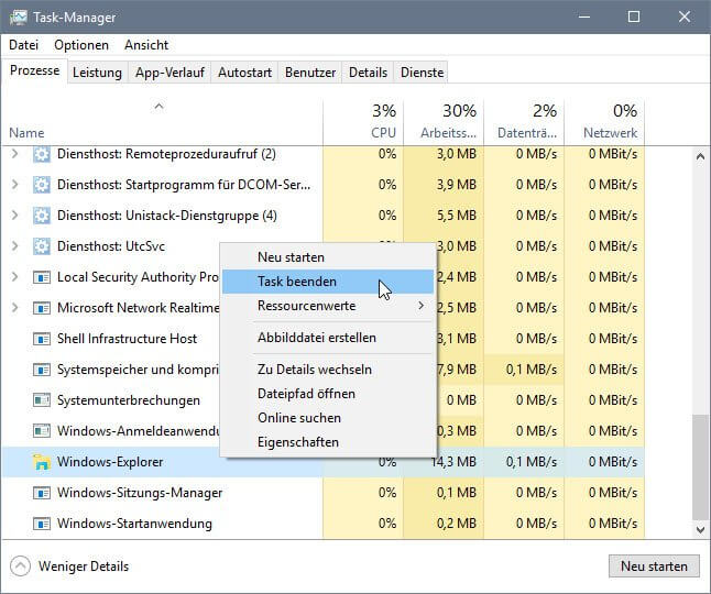 Windows Explorer in Task Manager beenden.