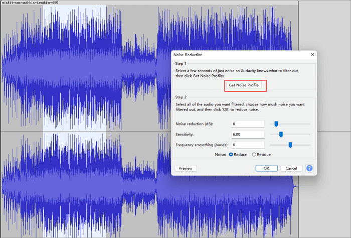 profilo di rumore di acquisizione di audacity