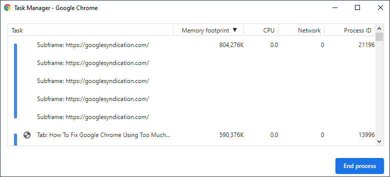 terminare il processo nel task manager di chrome