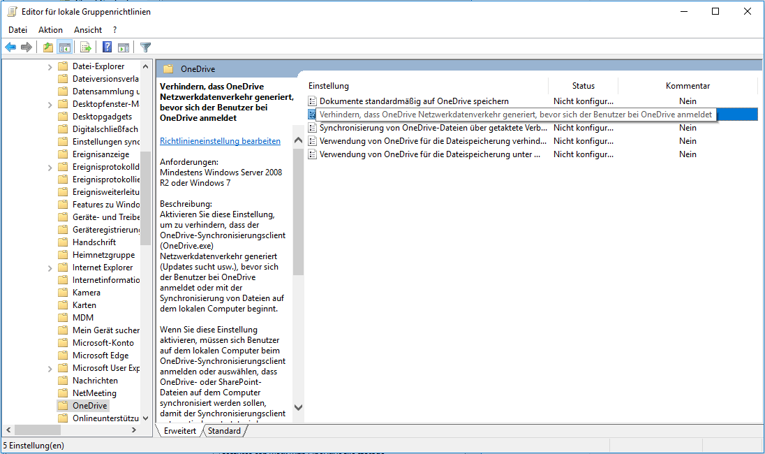 Verhindern, dass OneDrive Netzwerkdatenverkehr generiert