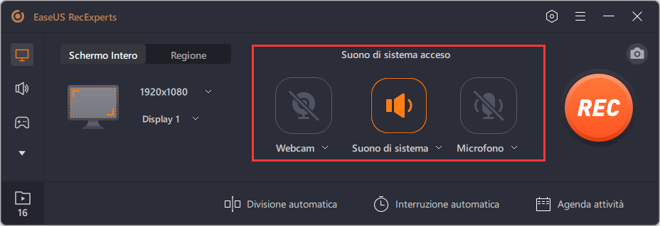 seleziona registrare webcam, suono di sistema o microfono