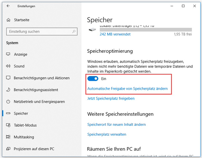 speicheroptimierung einschalten um Junk dateien zu löschen