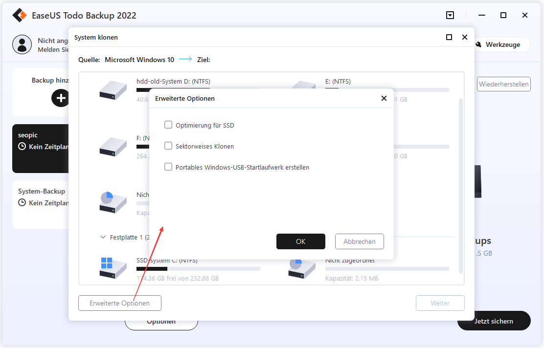 HDD auf SSD klonen - Erweiterte Optionen einstellen
