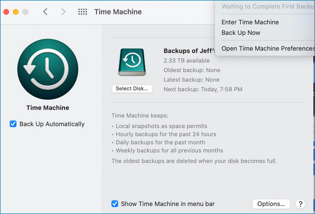 macchina del tempo completare il primo backup