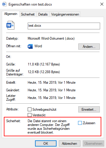 Zugriff auf die Word-Datei zulassen