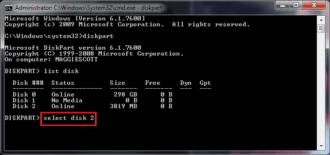 digita select disk 1 per formattare il disco rigido con il prompt dei comandi